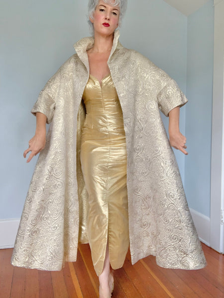 Dramatic 1950s Gold Silk Brocade Opera Coat