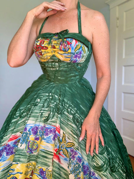1950s “Miss Hawaii” Nylon Painted Ocean Sealife Print Halter Hawaiian Sundress