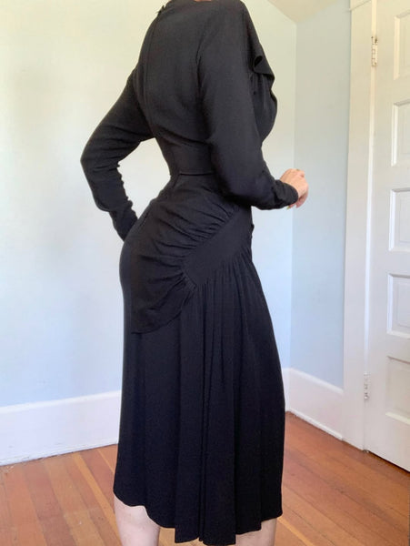 1940s Designer “Dorothy O’Hara” Rayon Crepe Sculptural Cocktail Dress