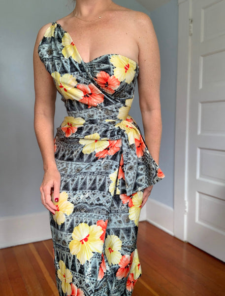 Deadstock 1950s Hawaiian Silk Cocktail Sarong Dress by “Kamehameha”