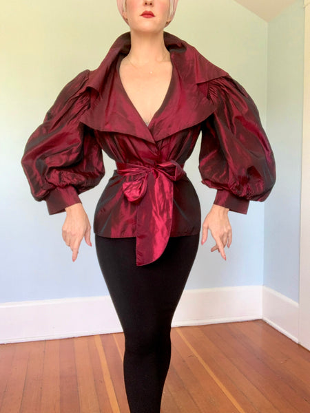 1980s "Victor Costa" Iridescent Crimson Sharkskin Taffeta Blouse w/ Huge Sleeves & Tue Belt