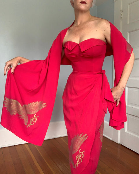 Rare 1940s Hawaiian Designer “Gladys Williams Honolulu” Hand Printed Crane Motif Silk Crepe Sarong Dress & Shawl