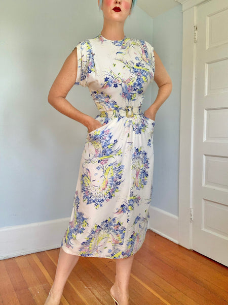 1940s Faces Novelty Print Cold Rayon Cocktail Dress