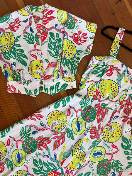 1940s Cold Rayon “Watumull’s” Hawaiian Breadfruit Novelty Print Day Dress & Bolero