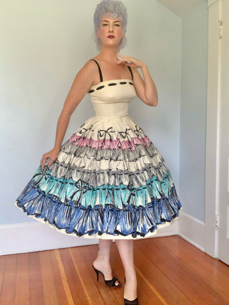 1950s Polished Cotton Trompe L’Oeil Bow Print Party Dress