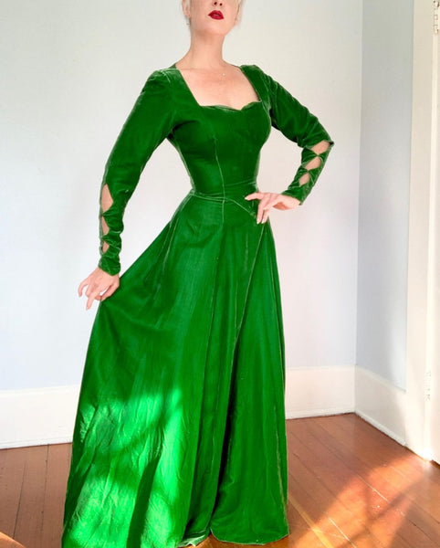1940s Green Rayon Velvet Gown