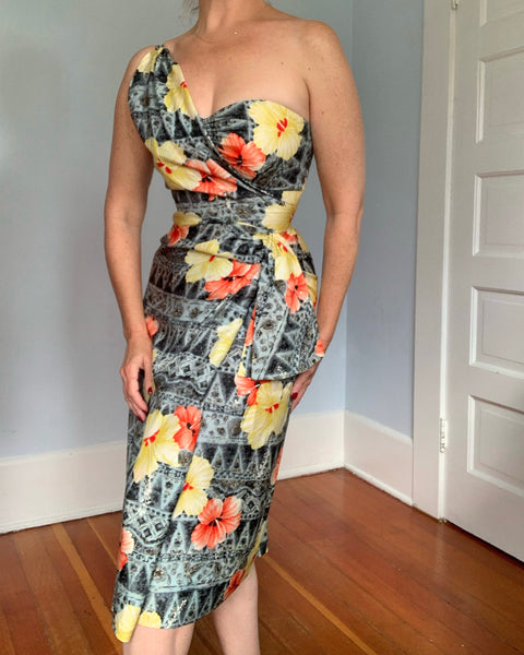 Deadstock 1950s Hawaiian Silk Cocktail Sarong Dress by “Kamehameha”