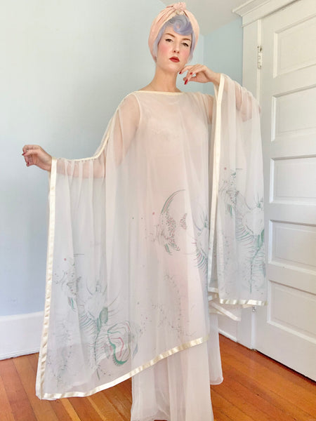 1970s “Jean Varon” Sheer Chiffon Sealife Motif Caftan Gown