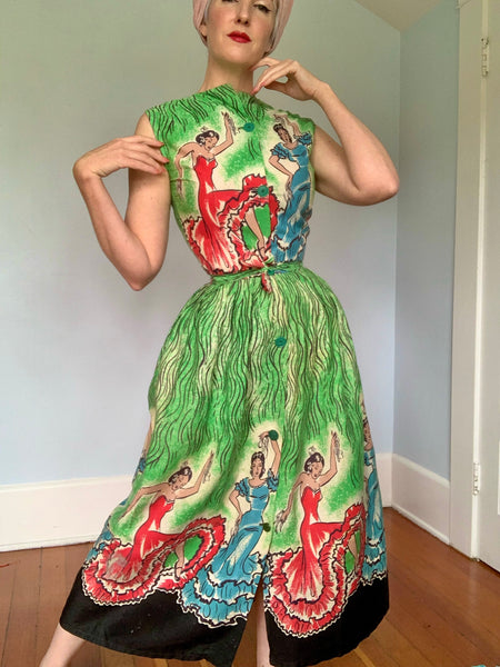 1940s Flamenco Dancer Novelty Print Day Dress