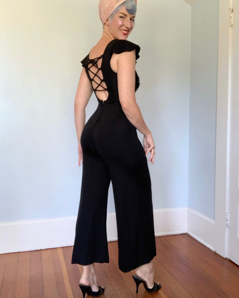 1970s “Young Innocent” Stretch Jersey Palazzo Pant Sequined Spiderweb Jumpsuit