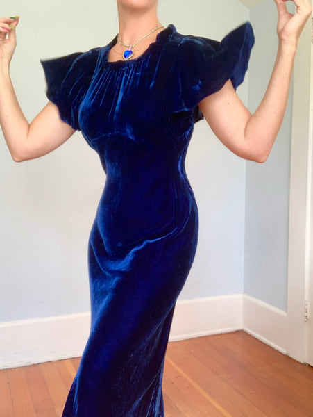 Custom 1930s Sapphire Silk Velvet Evening Gown