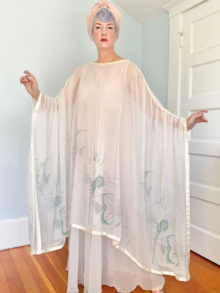 1970s “Jean Varon” Sheer Chiffon Sealife Motif Caftan Gown