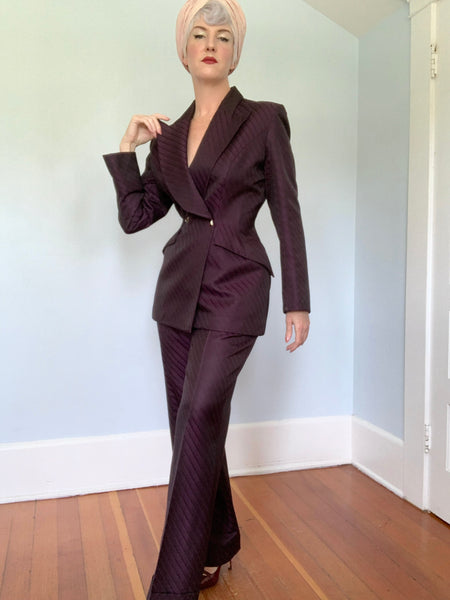 Rare 1990s "Thierry Mugler Couture" 2 Piece Hourglass Pantsuit in Iridescent Silk Blend