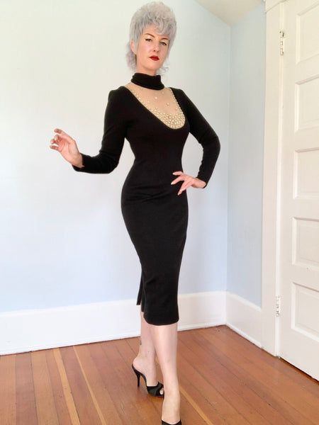 “Mr. Blackwell Custom” 1960s Wool Jersey Rhinestone Sheer Bust Cocktail Dress