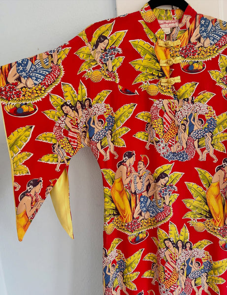 1940s Cold Rayon Hawaiian Pake Muu in Eugene Savage Print by “Kahana Manufacturing Co.”