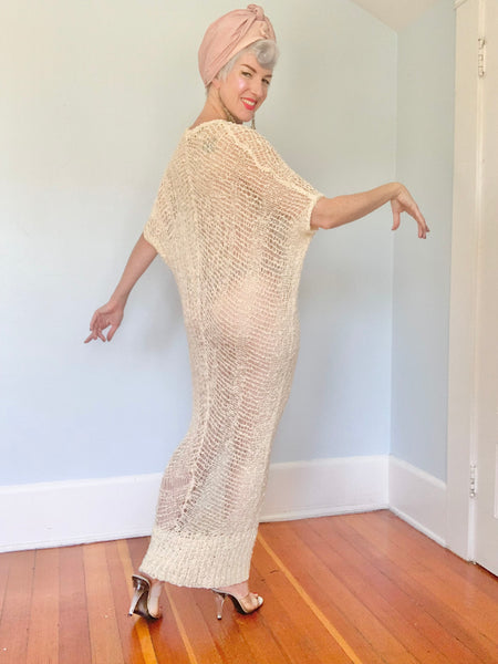 1980s Designer “Shebue” Hand Crochet Cocoon Maxi Dress