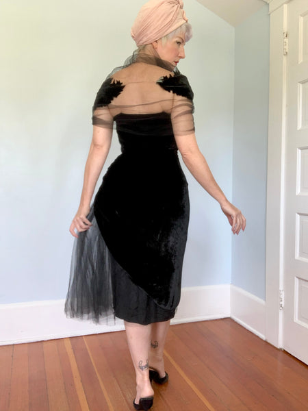 Bombshell 1940s Rayon Velvet Extreme Hourglass Cocktail Dress w/ Tulle Mesh Detailing & Attached Shawl