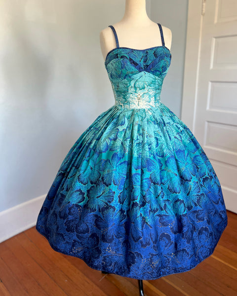 1950s “Alfred Shaheen” Ombré Blue Hand Printed Hibiscus Cotton Sundress