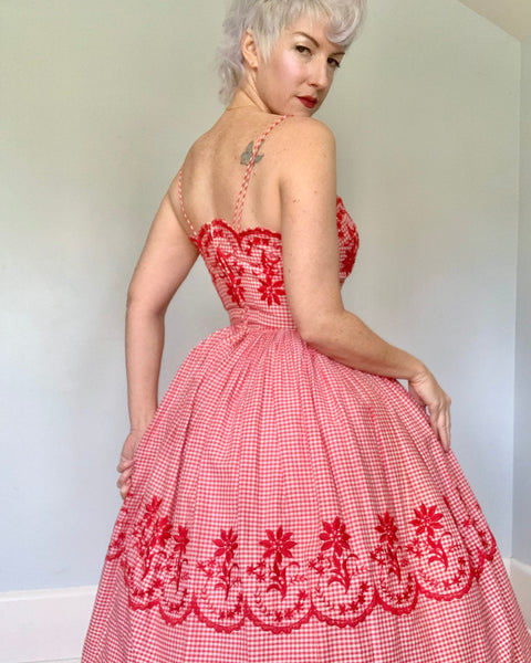 1950s Embroidered Cotton Gingham Sundress