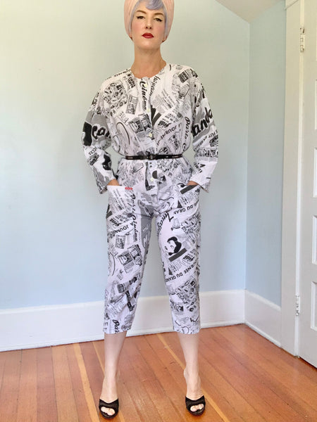 1980s French Magazine Novelty Print Cotton Jumpsuit