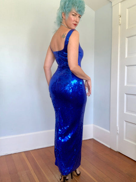 1980s Sapphire Sequin Hourglass Evening Gown