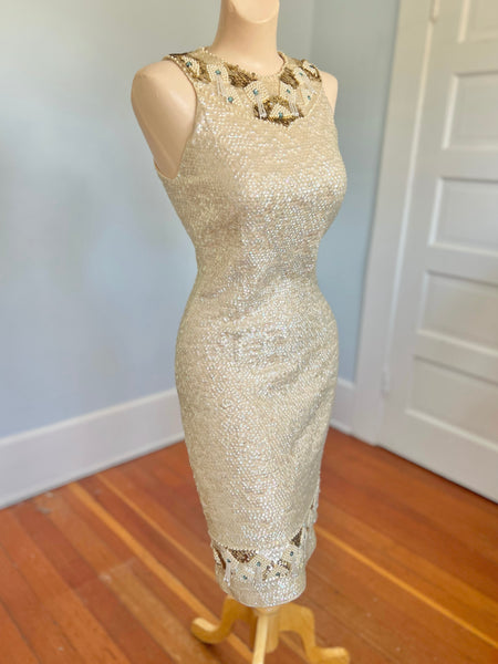 Custom 1960s Cleopatra Style Wool Iridescent Sequin Covered Cocktail Dress