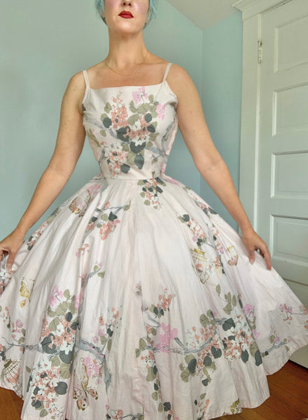 1950s Birdcages w/ Birds Novelty Print Cotton Sundress