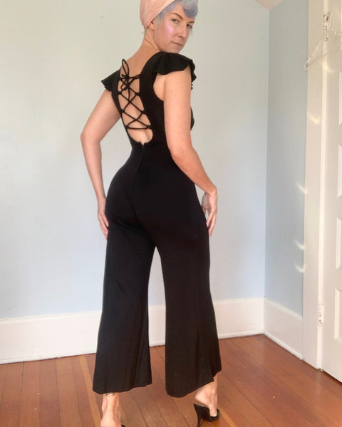 1970s “Young Innocent” Stretch Jersey Palazzo Pant Sequined Spiderweb Jumpsuit