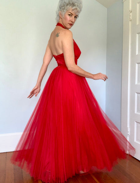 1950s Designer “Rappi” Red Accordion Pleated Tulle Halter Gown
