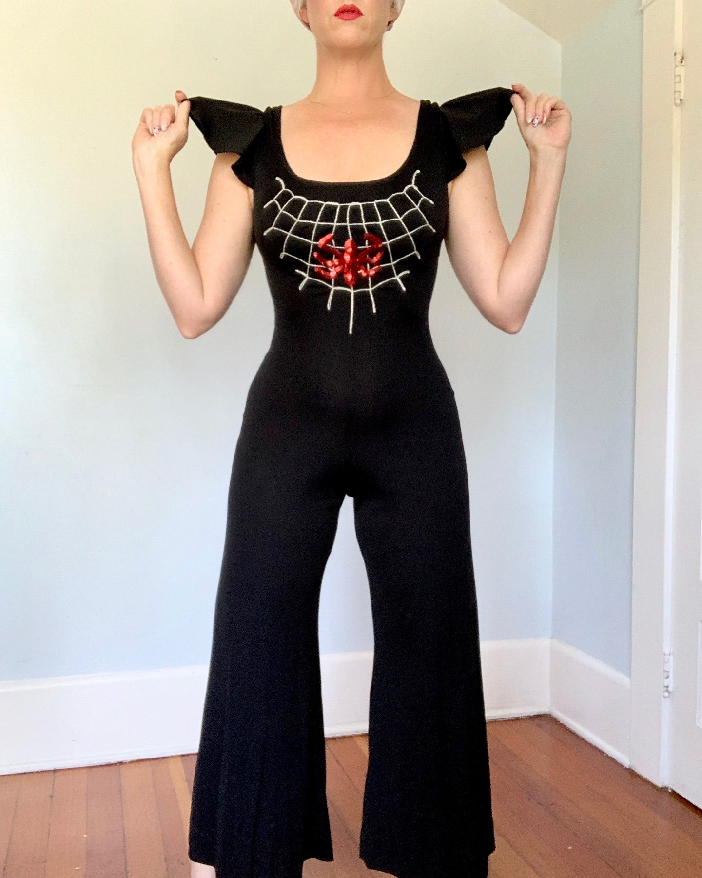 1970s “Young Innocent” Stretch Jersey Palazzo Pant Sequined Spiderweb Jumpsuit