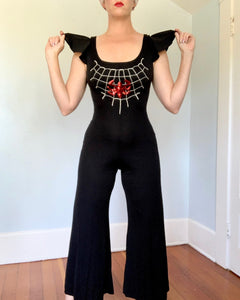 1970s “Young Innocent” Stretch Jersey Palazzo Pant Sequined Spiderweb Jumpsuit
