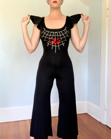 1970s “Young Innocent” Stretch Jersey Palazzo Pant Sequined Spiderweb Jumpsuit