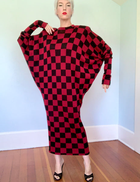 Avant-Garde 1980s "Norma Kamali" Checkered Knit Cocoon Maxi Dress