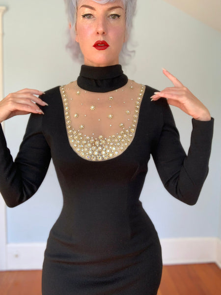 “Mr. Blackwell Custom” 1960s Wool Jersey Rhinestone Sheer Bust Cocktail Dress