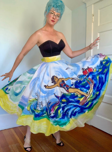 1950s Mexican Hand Painted Cotton Skirt w/ Water-Skiers