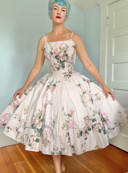 1950s Birdcages w/ Birds Novelty Print Cotton Sundress
