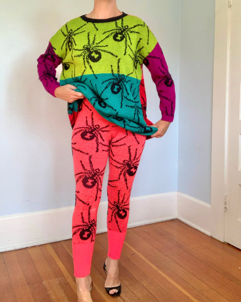 Rare 1980s “Betsey Johnson” Punk Label Intarsia Knit 2 Piece Black Widow Spider Set
