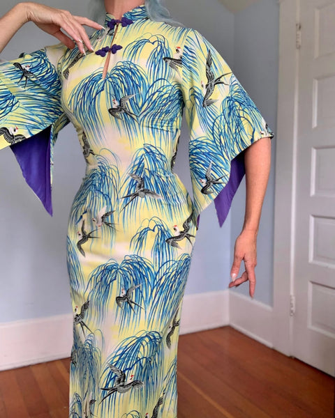 1940s Pure Silk Crepe Hawaiian Pake Muu w/ Japanese Swallows by “The Liberty House”