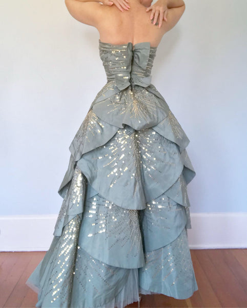 Late 1940s Custom Couture Silk Sequined Petal Gown Inspired by A/W 1949 Dior
