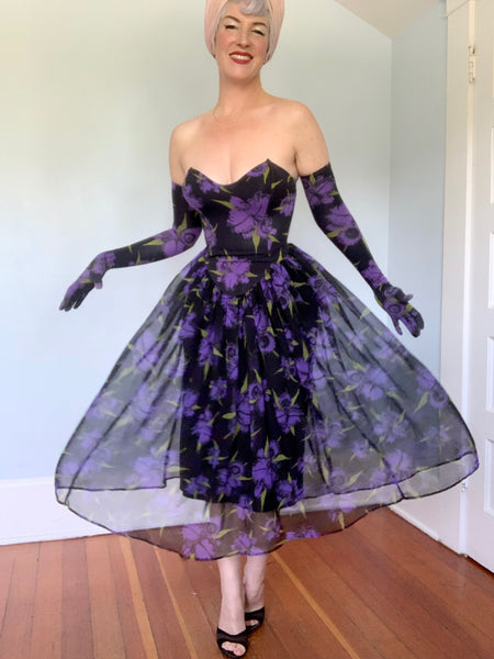 Killer 1980s "Betsey Johnson" Punk Label 3 Piece Iris Print Dress Set 2/ Gloves & Slip