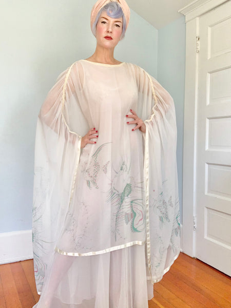 1970s “Jean Varon” Sheer Chiffon Sealife Motif Caftan Gown