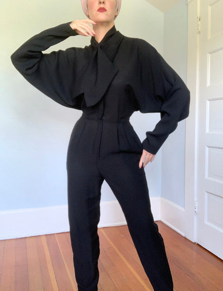 Designer 1980s "Norma Kamali" Rayon Crepe Batwing Hourglass Jumpsuit w/ Scarf Collar