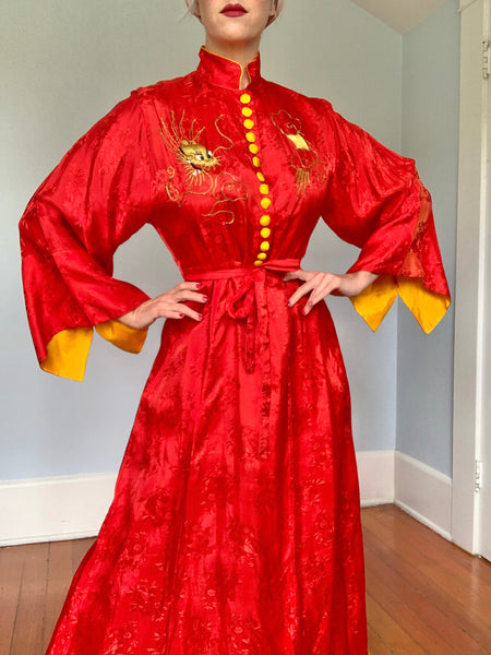 1930s Made In Japan Dressing Gown and Matching Beach Pajamas w/ Golden Dragons