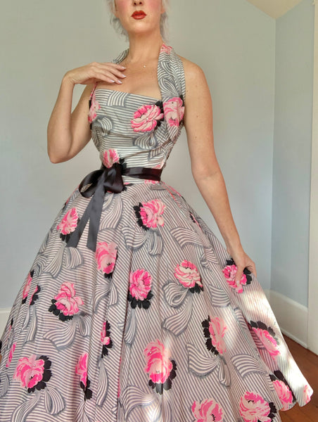 1950s Couture Custom Made Silk Halter Party Dress