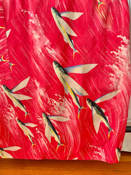 Rare 1940s Custom Made Silk Hawaiian Sarong Dress w/ Flying Fish Print