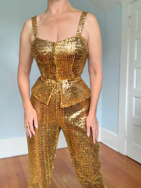1950s “Ella Groll Original by Riviera Fashions of California” 2 Piece Gold Sequin Cocktail Ensemble