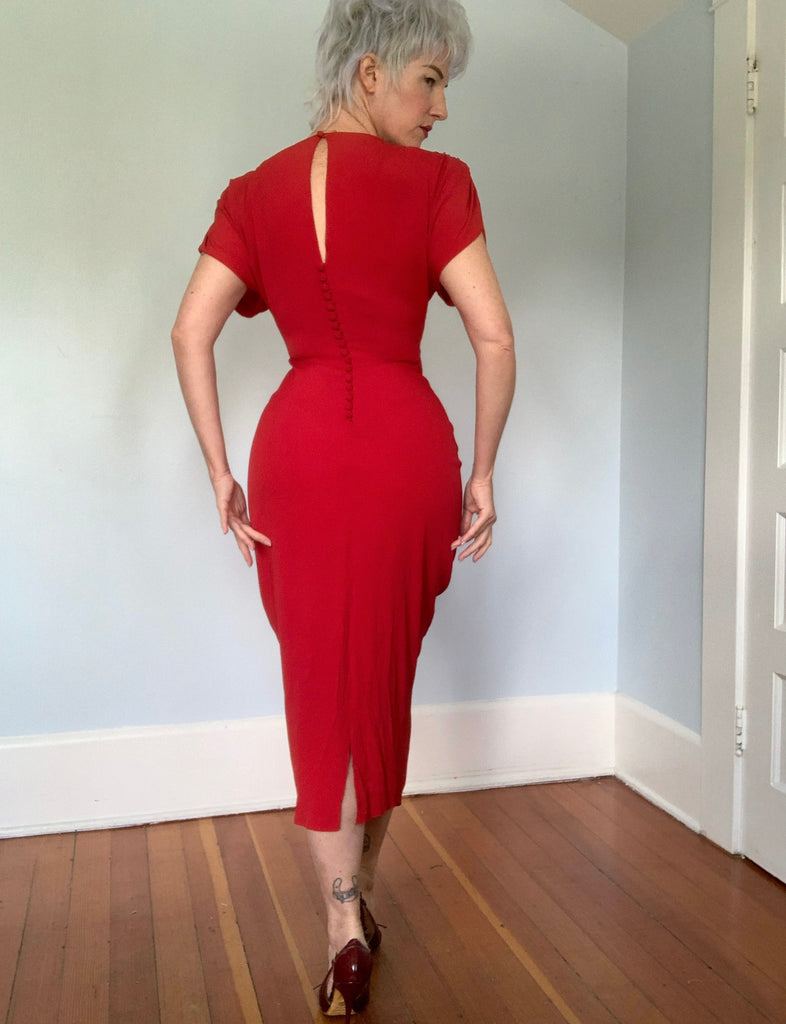 1940s Blood Red Rayon Draped Cocktail Dress – butchwaxvintage 1940s Blood Red Rayon Draped Cocktail Dress – butchwaxvintage