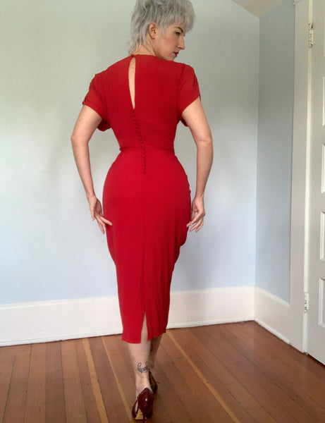 1940s Blood Red Rayon Draped Cocktail Dress