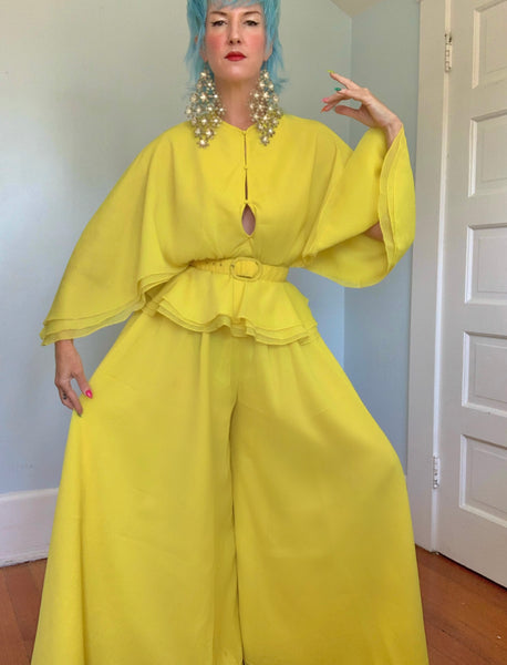 1960s “Calderón” Acid Chartreuse Yellow Crepe 3 Piece Ensemble