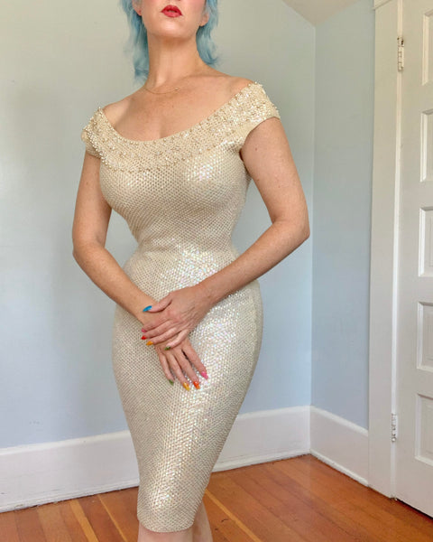 1960s “Gene Shelly’s Boutique Internationale” Hand Sequined / Beaded Wool Cocktail Dress